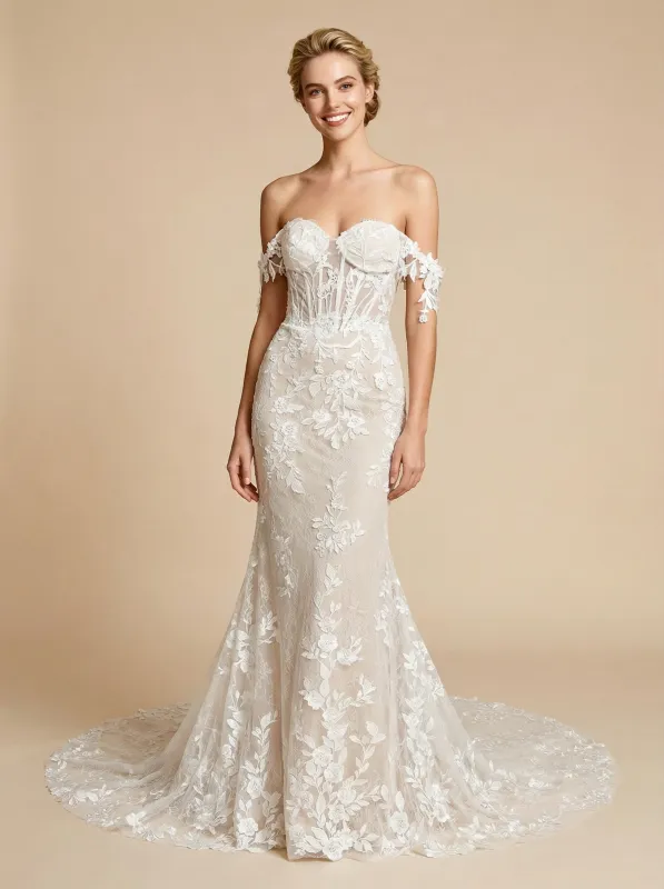 Mermaid Off Shoulder Sweetheart Maxi Long Lace Mermaid Wedding Dresses Online sold by ChicSew