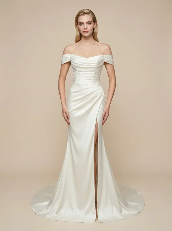 Mermaid Off Shoulder Side Slit Maxi Long Satin Wedding Dresses Online sold by ChicSew