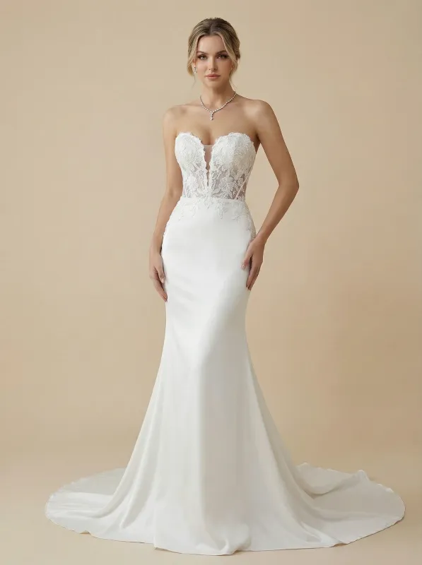 Mermaid Sweetheart Strapless Lace Maxi Long Satin Wedding Dresses Online made by ChicSew