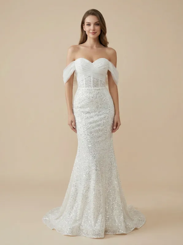Mermaid Off The Shoulder Lace Maxi Long Sequin Wedding Gowns Online sold by ChicSew