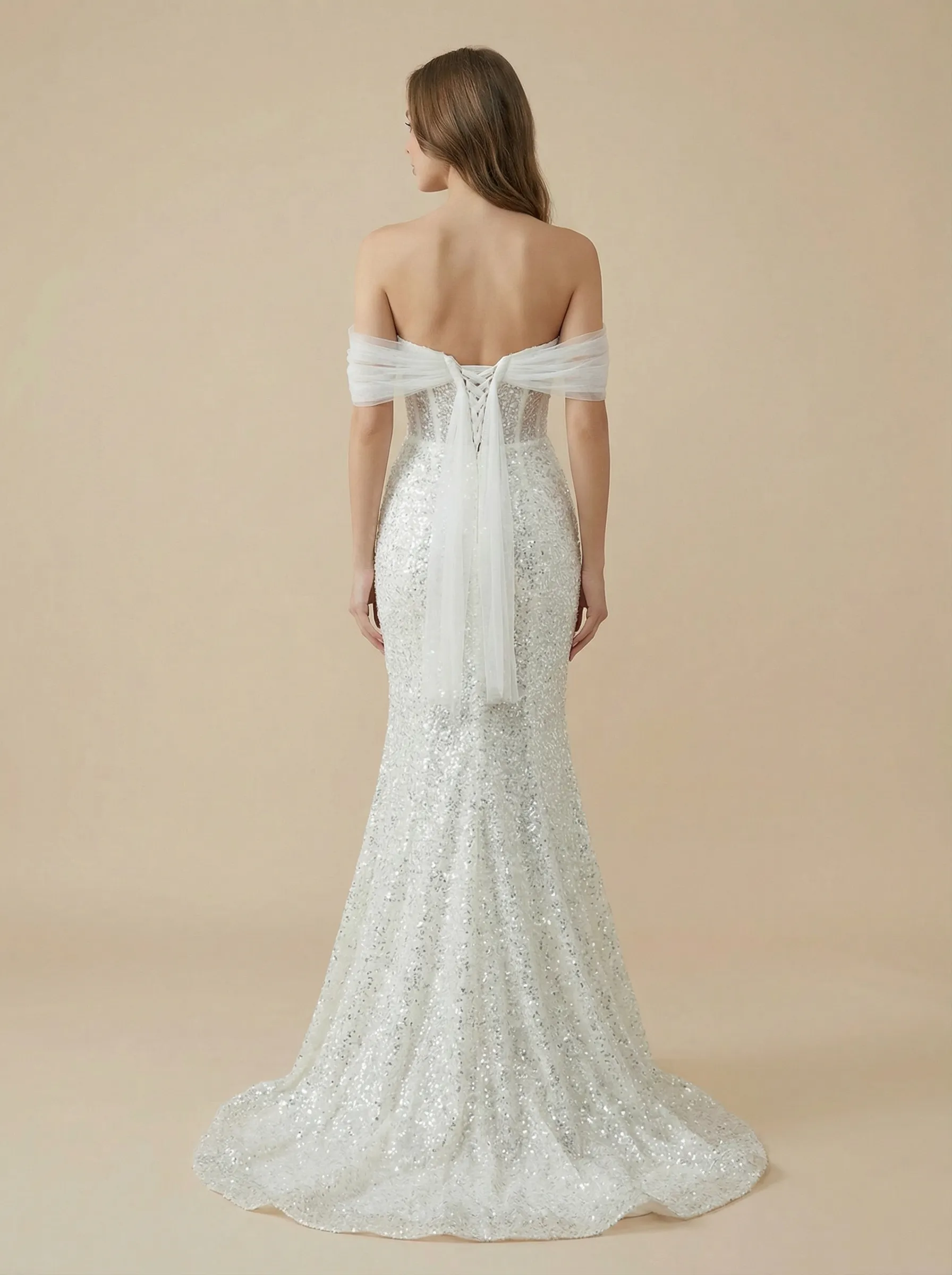 Mermaid Off The Shoulder Lace Maxi Long Sequin Wedding Gowns Online sold by ChicSew product image thumbnail 2