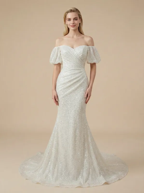 Sparkly Mermaid Off Shoulder Ruching Maxi Long Sequin Wedding Dresses Online sold by ChicSew