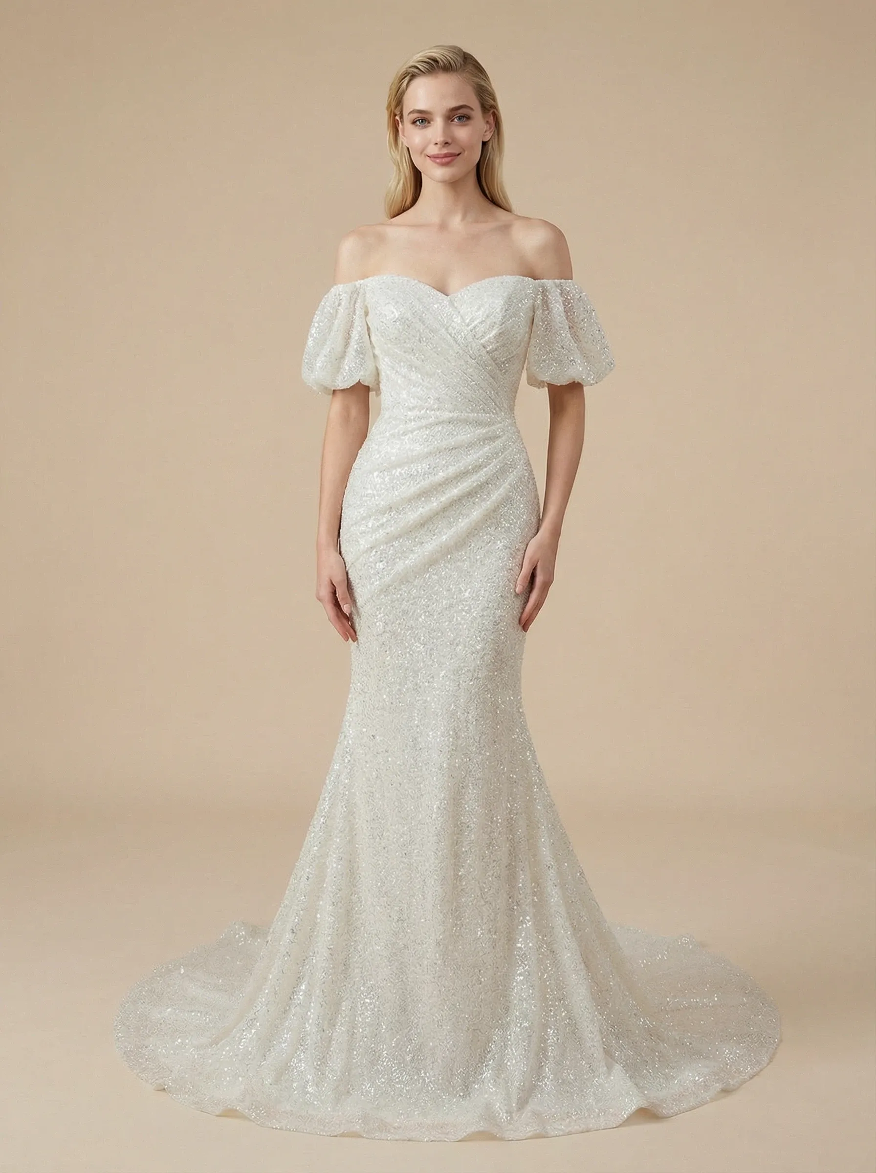 Sparkly Mermaid Off Shoulder Ruching Maxi Long Sequin Wedding Dresses Online sold by ChicSew