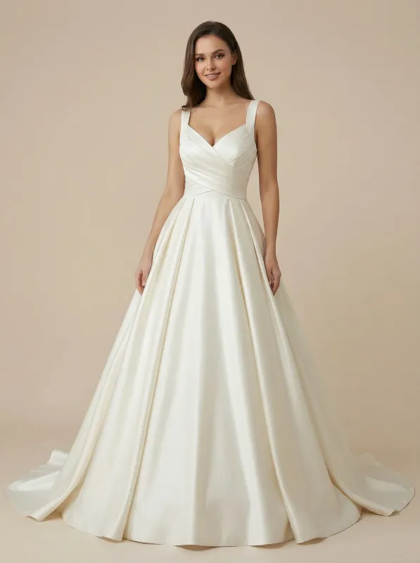 A-Line Spaghetti Straps V-Neck Maxi Long Satin Wedding Dresses With Detachable Skirt sold by ChicSew
