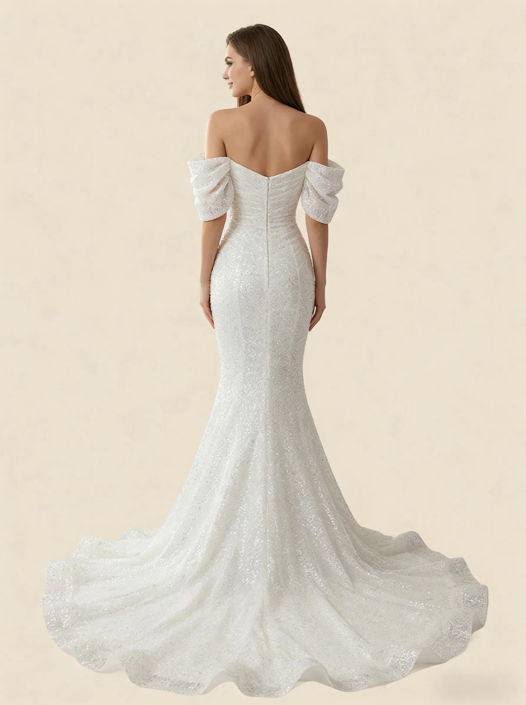 Mermaid Off Shoulder Sweetheart Maxi Long Sequin Lace Wedding Dresses Online sold by ChicSew product image thumbnail 2