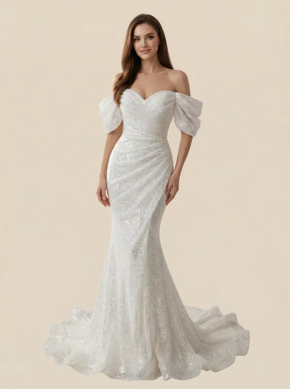 Mermaid Off Shoulder Sweetheart Maxi Long Sequin Lace Wedding Dresses Online sold by ChicSew