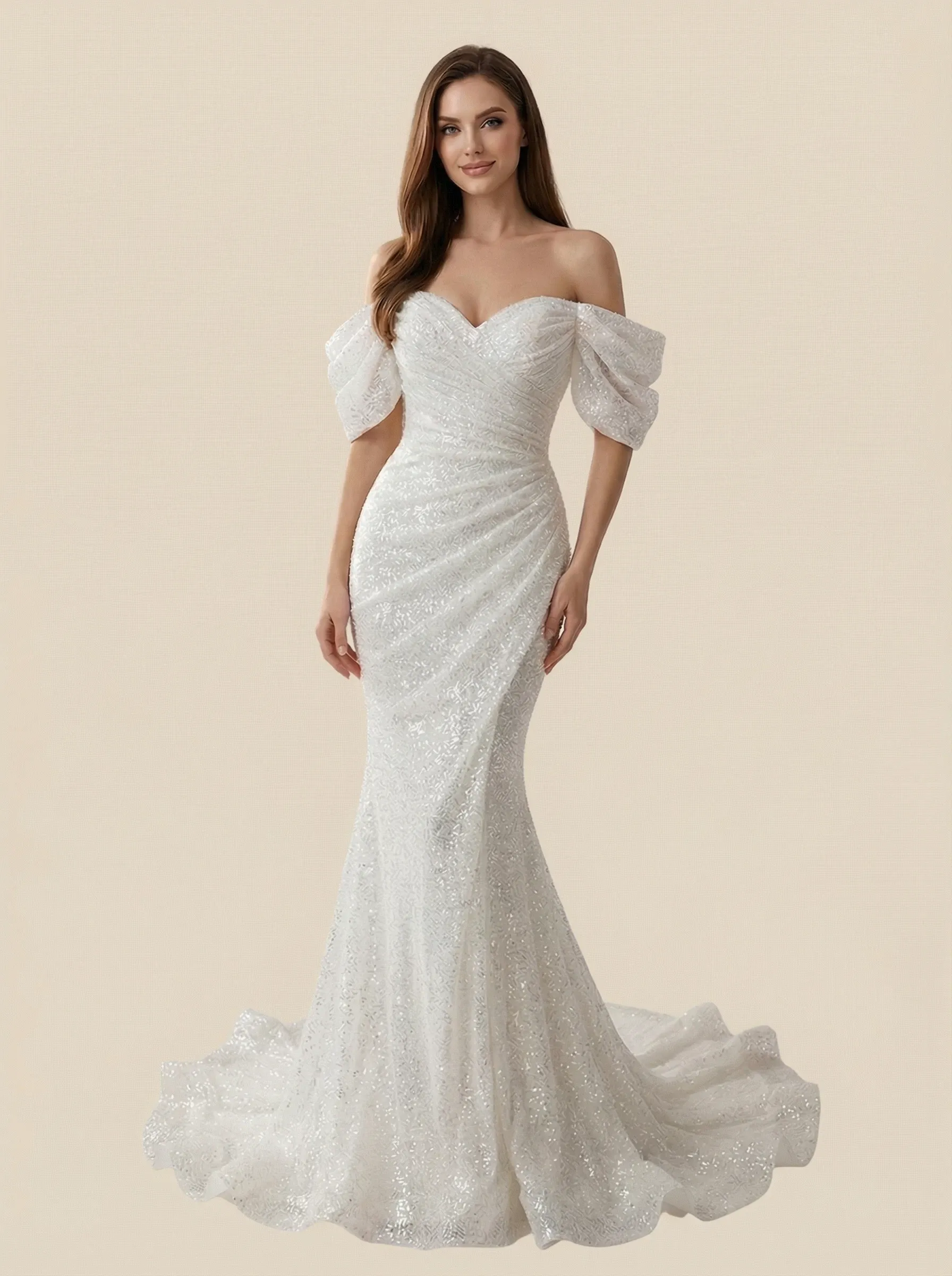 Mermaid Off Shoulder Sweetheart Maxi Long Sequin Lace Wedding Dresses Online sold by ChicSew