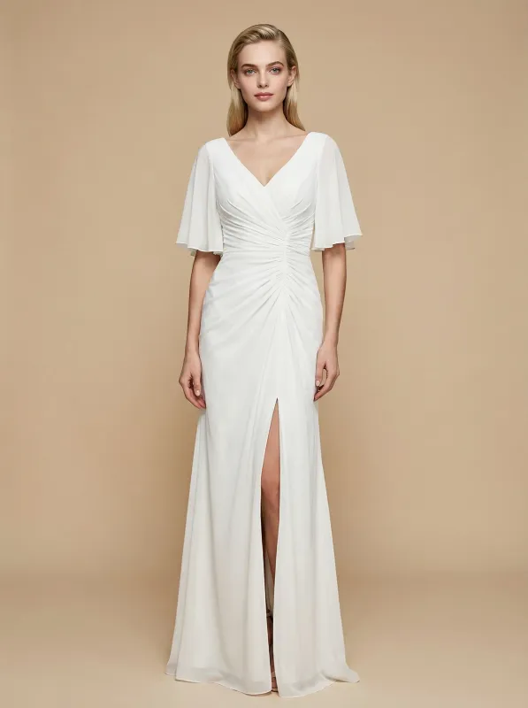 Mermaid V-Neck Half Sleeves Side Slit Chiffon Maxi Long Wedding Dresses Online made by ChicSew