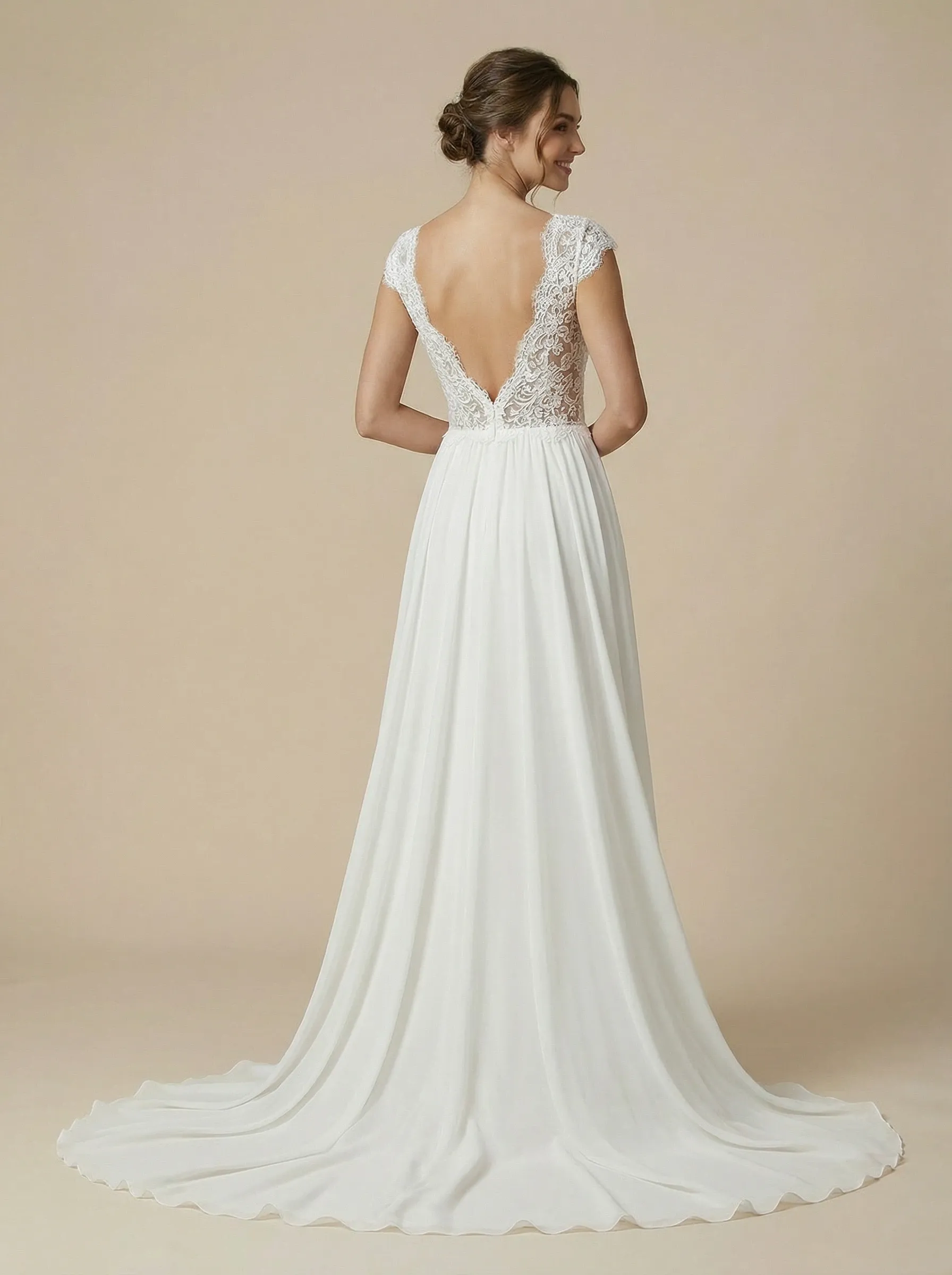 A-Line Cap Sleeves V-Neck Lace Chiffon Maxi Long Wedding Dresses sold by ChicSew product image thumbnail 2