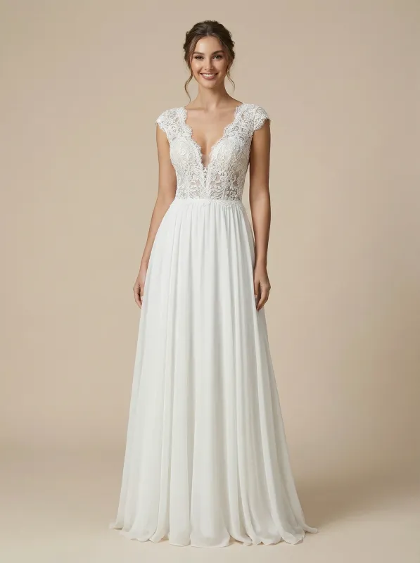 A-Line Cap Sleeves V-Neck Lace Chiffon Maxi Long Wedding Dresses sold by ChicSew