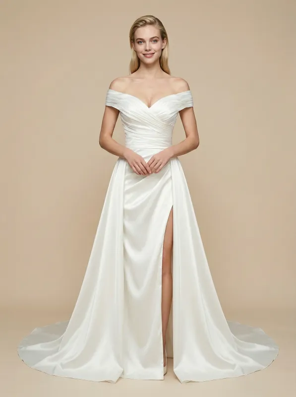 Mermaid Off Shoulder Side Slit Maxi Long Satin Wedding Dresses With Detachable Skirt sold by ChicSew