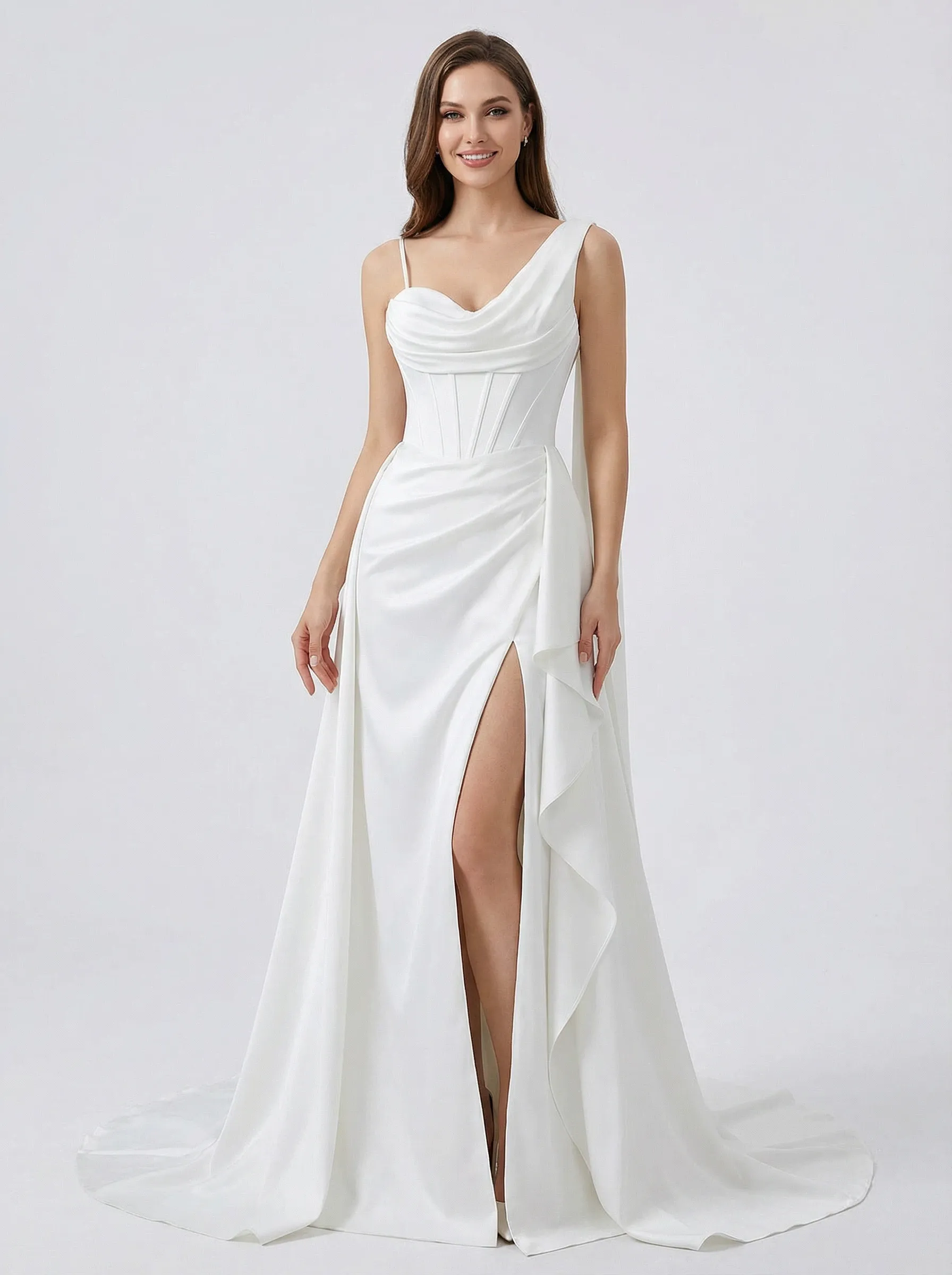 Mermaid One Shoulder Side Slit Ruffles Maxi Long Satin Wedding Dresses Online sold by ChicSew