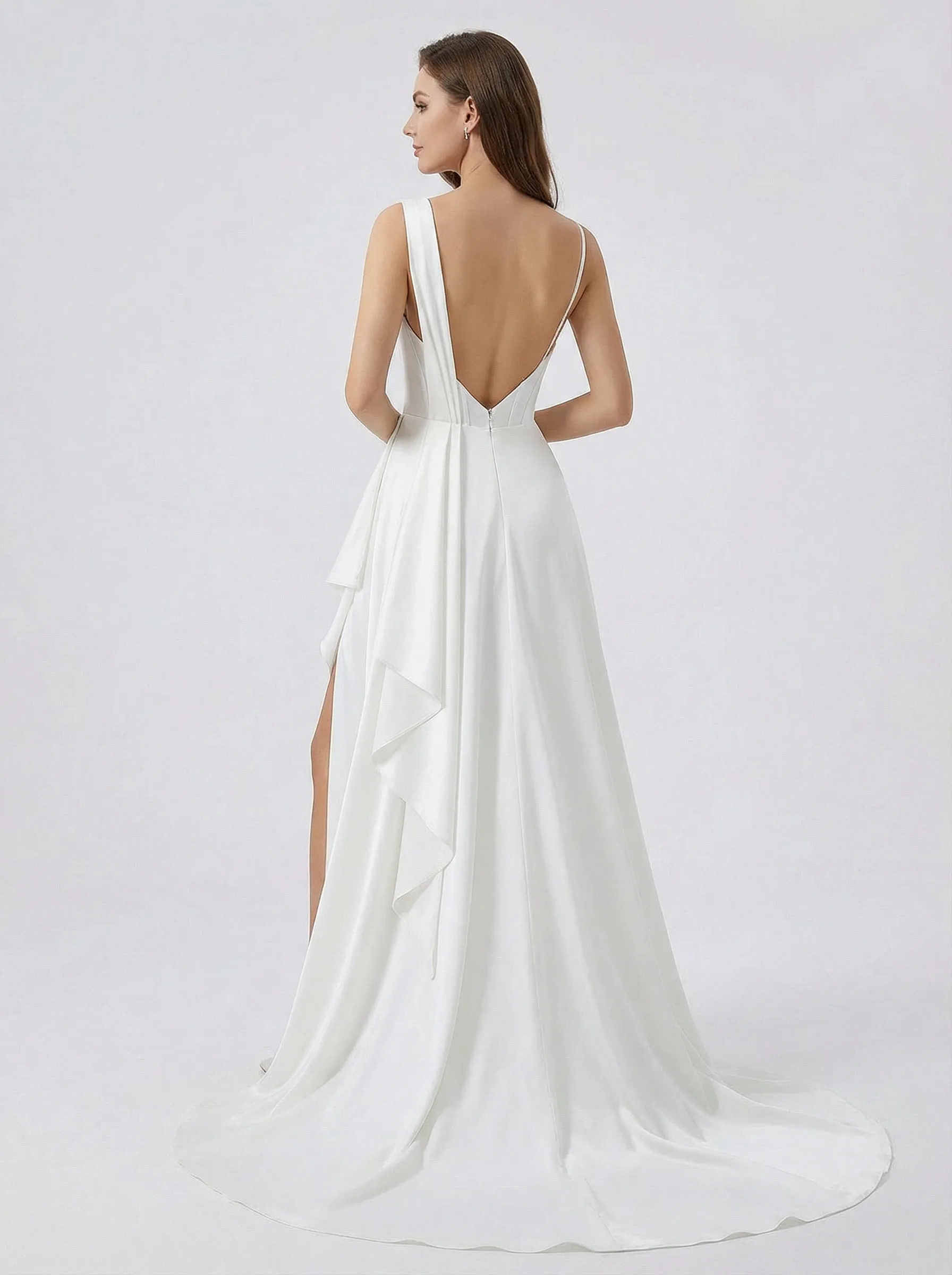 Mermaid One Shoulder Side Slit Ruffles Maxi Long Satin Wedding Dresses Online sold by ChicSew product image thumbnail 2