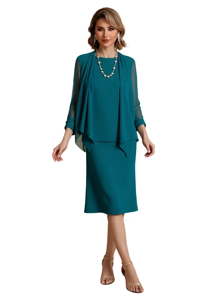 Elegant Two Pieces Chiffon Long Sleeves Knee Length Mother Of The Bride Dress And Jacket sold by ChicSew