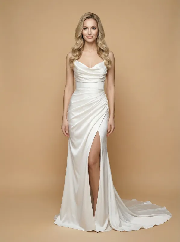 Mermaid Cowl Neck Side Slit Maxi Long Satin Wedding Dresses Online sold by ChicSew