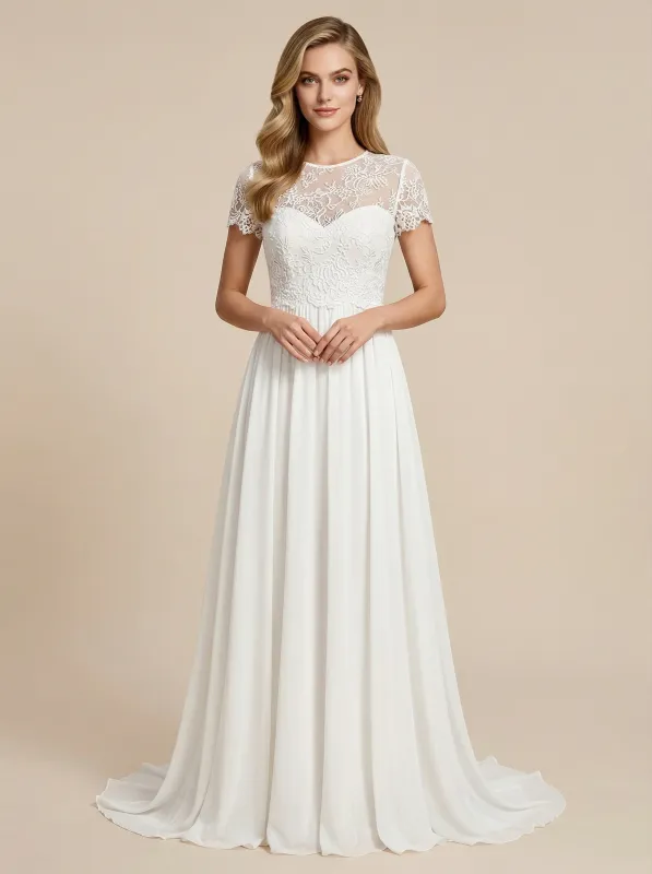 A-Line Short Sleeves Jewel Lace Chiffon Maxi Long Beach Wedding Gowns sold by ChicSew