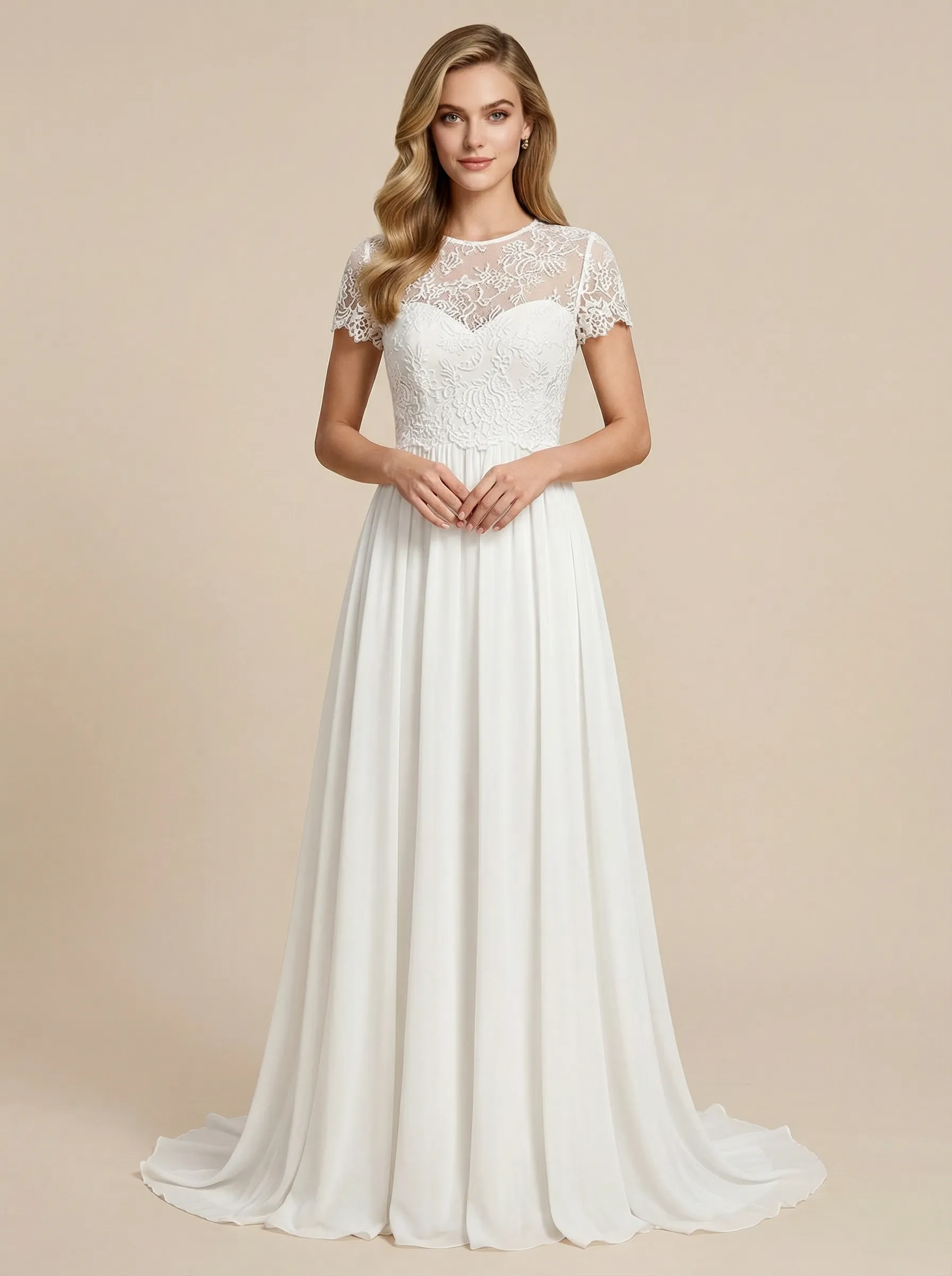 A-Line Short Sleeves Jewel Lace Chiffon Maxi Long Beach Wedding Gowns sold by ChicSew