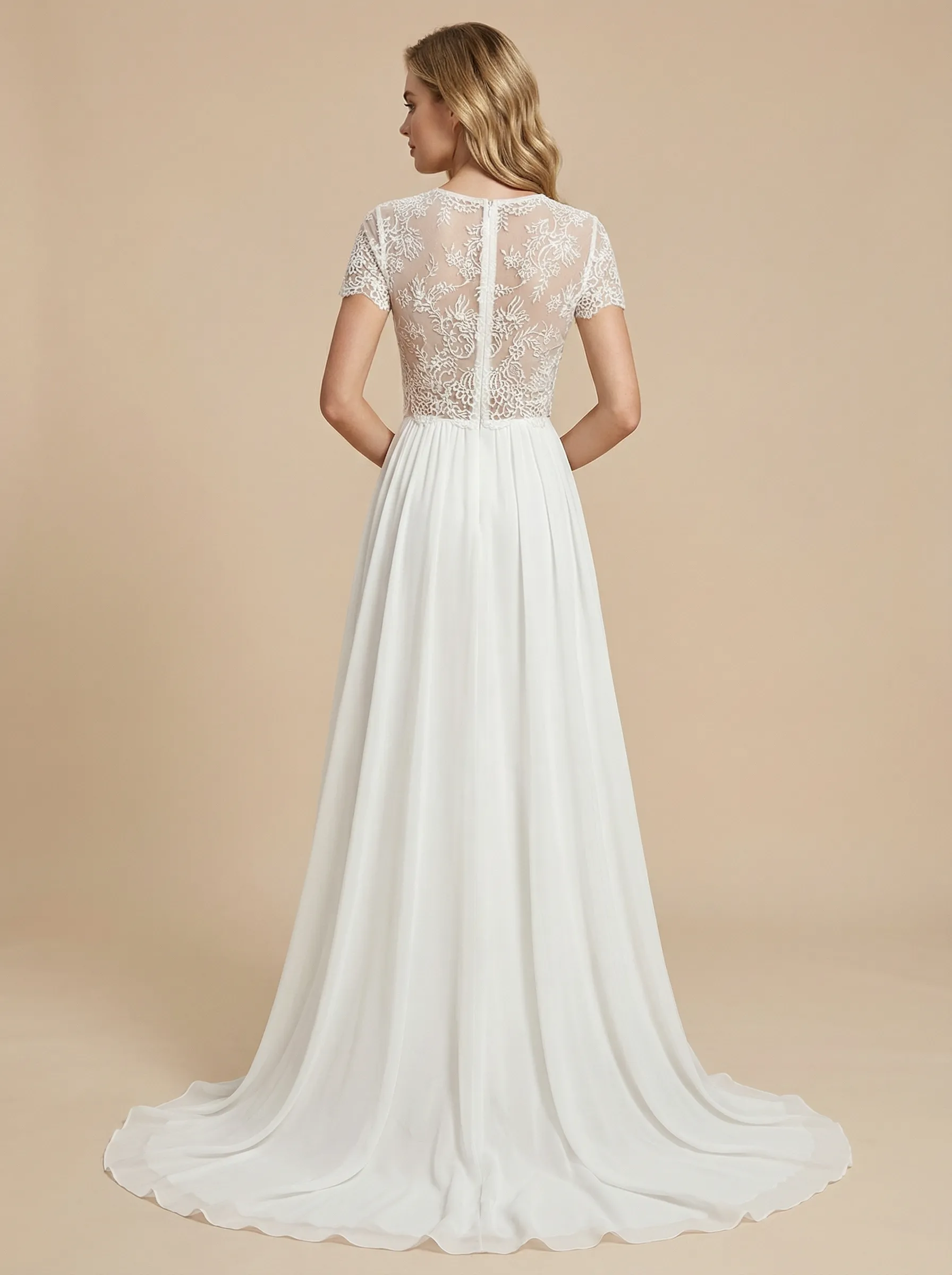 A-Line Short Sleeves Jewel Lace Chiffon Maxi Long Beach Wedding Gowns sold by ChicSew product image thumbnail 2