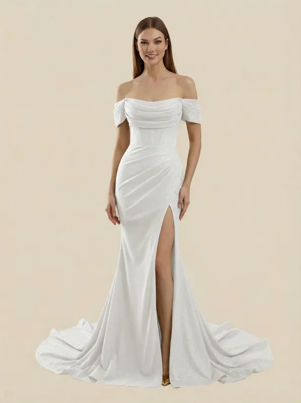 Mermaid Off Shoulder Side Slit Maxi Long Sequin Wedding Dresses Online sold by ChicSew