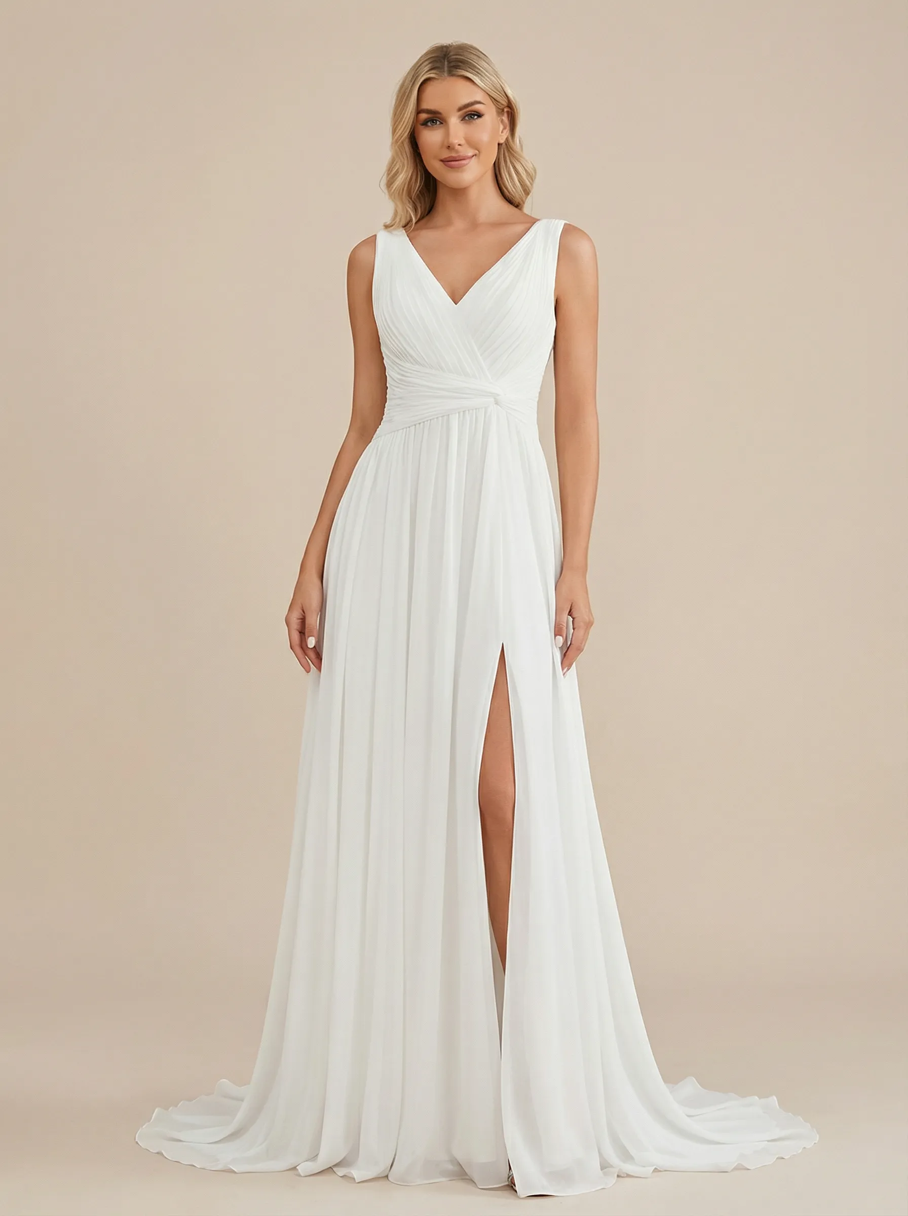 A-Line Spaghetti Straps V-Neck Side Slit Chiffon Maxi Long Beach Wedding Gowns sold by ChicSew