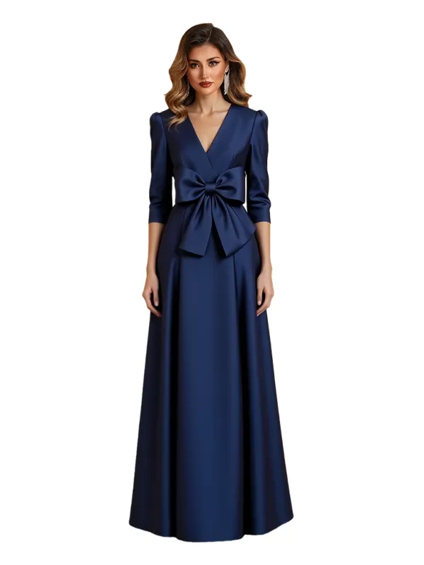 Elegant V-Neck Half Sleeves Satin A-Line Bow Knot Mother Of The Bride Dresses sold by ChicSew