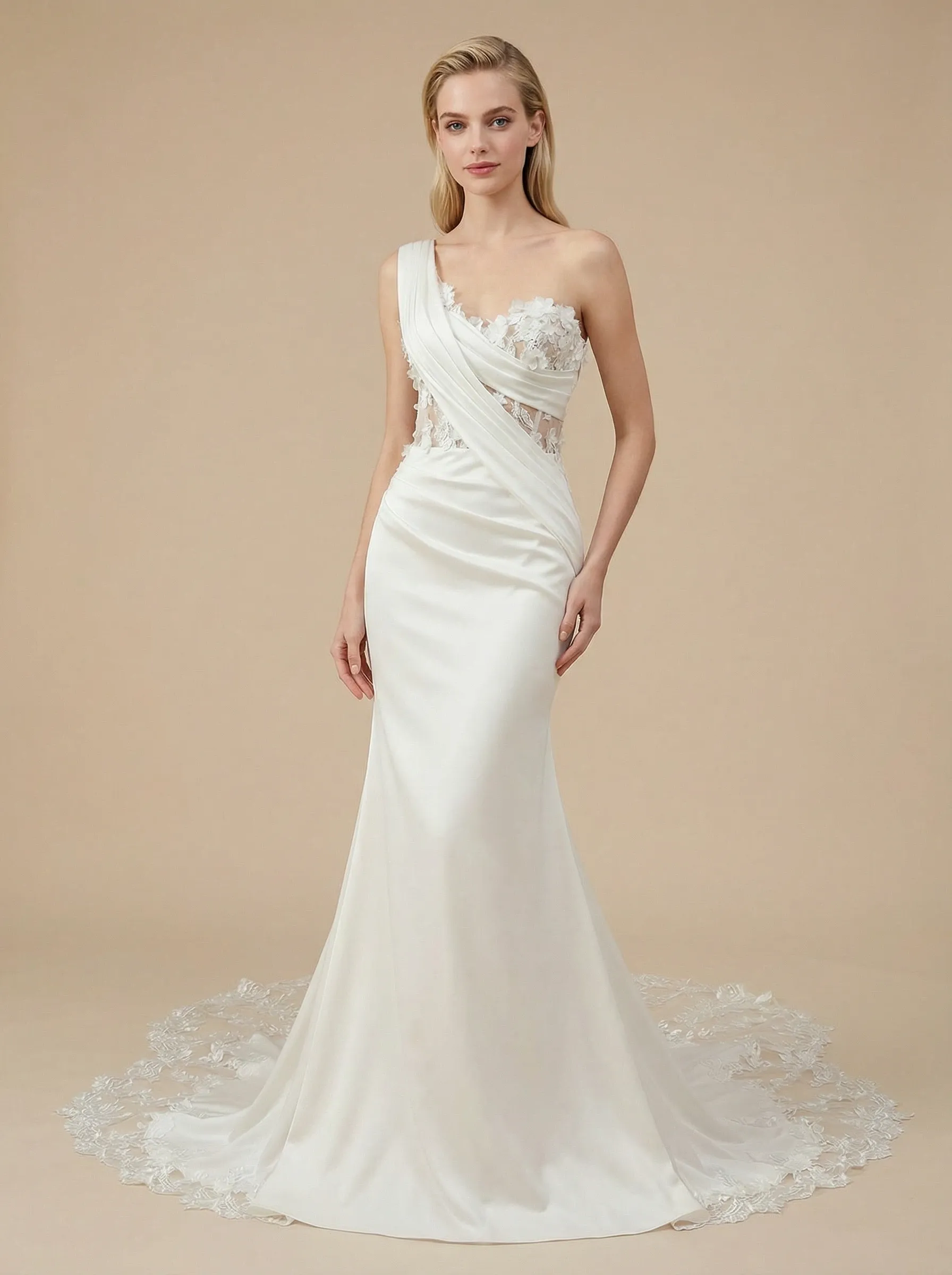 Mermaid One Shoulder Sleeveless Maxi Long Satin Wedding Dresses Online sold by ChicSew