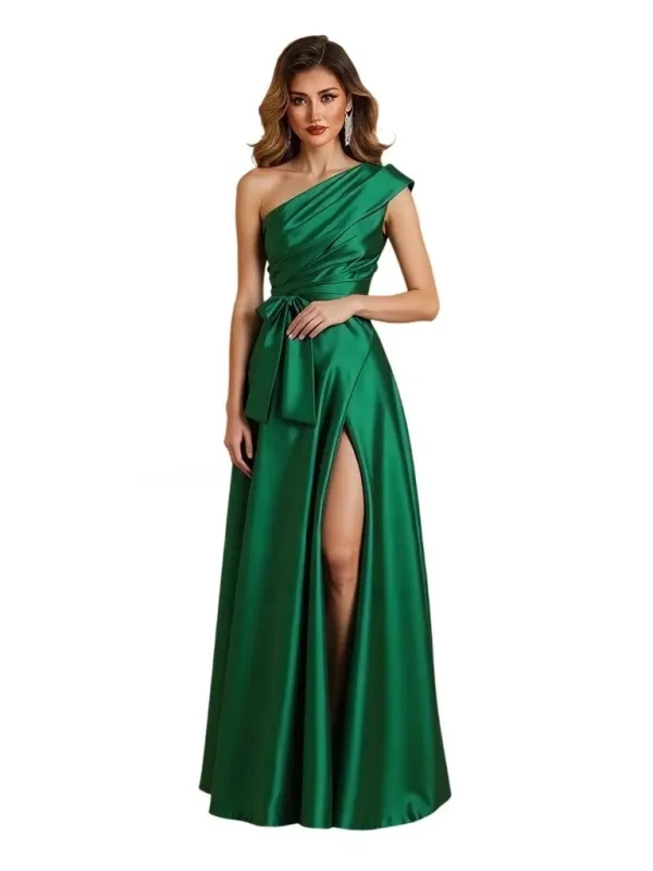 Elegant One Shoulder Silky Satin A-Line Floor-Length Mother Of The Bride Dresses Side Slit sold by ChicSew