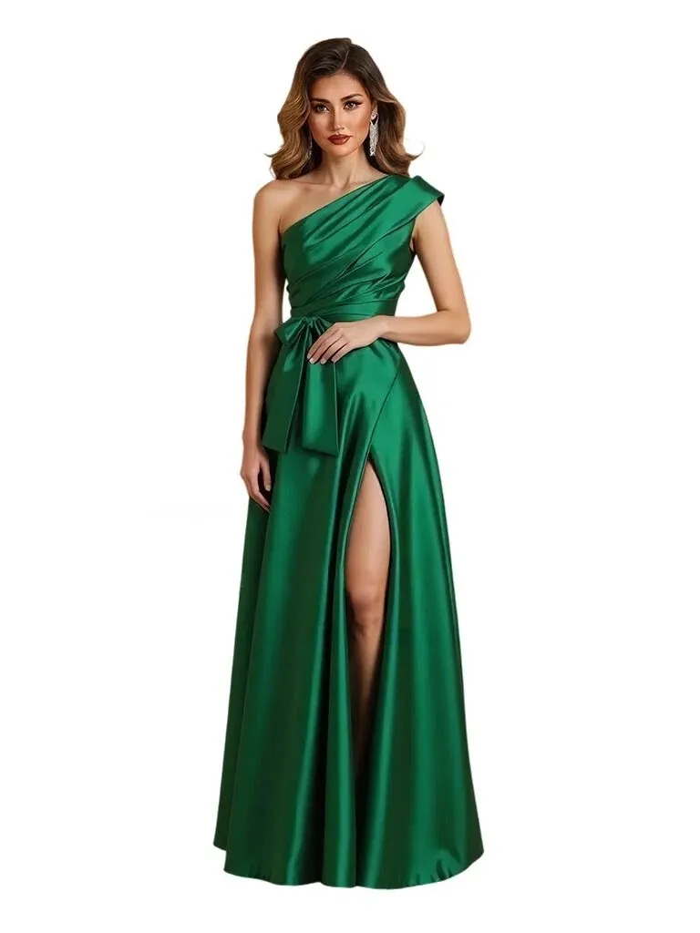 Elegant One Shoulder Silky Satin A-Line Floor-Length Mother Of The Bride Dresses Side Slit sold by ChicSew