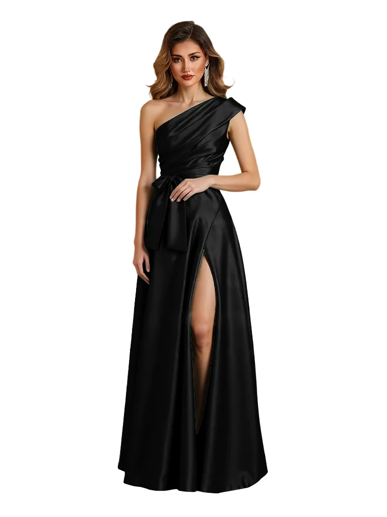 Elegant One Shoulder Silky Satin A-Line Floor-Length Mother Of The Bride Dresses Side Slit sold by ChicSew product image thumbnail 3