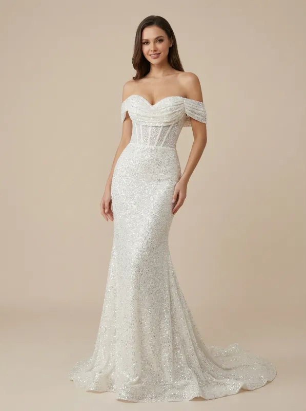 Mermaid Off Shoulder Boning Maxi Long Sequin Wedding Dresses Online With Train sold by ChicSew