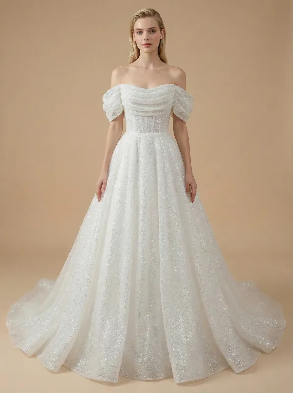 A-Line Off Shoulder Sequin Maxi Long Satin Wedding Dresses Online sold by ChicSew