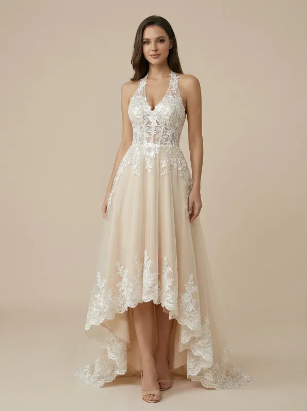 A-Line Halter Strap Boning Maxi Long Lace Wedding Dresses Online sold by ChicSew