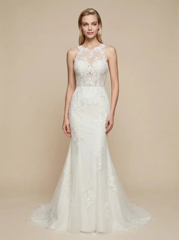 Modern Mermaid Open Back Halter Maxi Long Lace Wedding Dresses Online sold by ChicSew