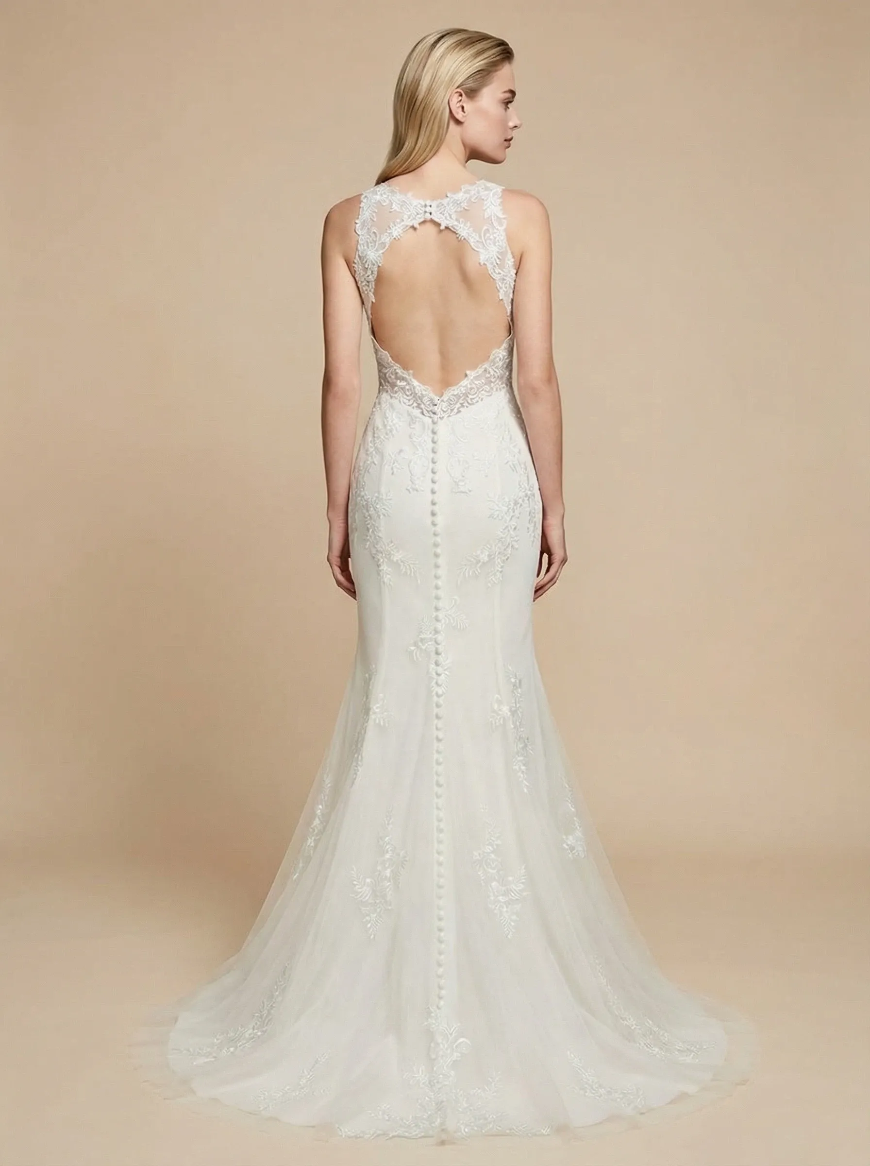 Modern Mermaid Open Back Halter Maxi Long Lace Wedding Dresses Online sold by ChicSew product image thumbnail 2