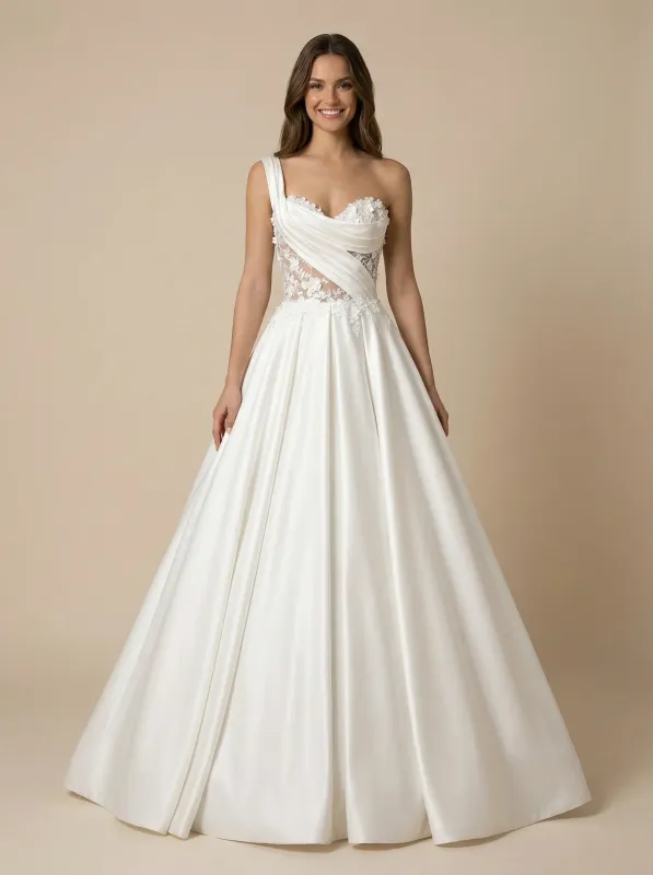 A-line One Shoulder Maxi Long Lace Appliques Satin Wedding Dresses Online sold by ChicSew