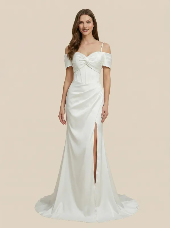 Mermaid Off Shoulder Side Slit Maxi Long Satin Wedding Dresses Online sold by ChicSew