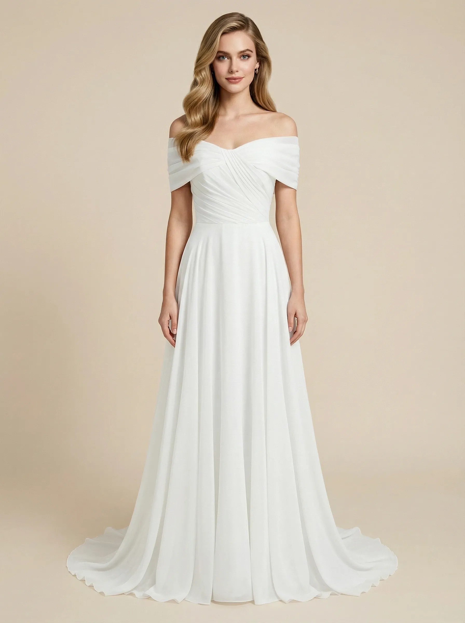 A-Line Off Shoulder Chiffon Maxi Long Wedding Dresses For Beach Wedding sold by ChicSew