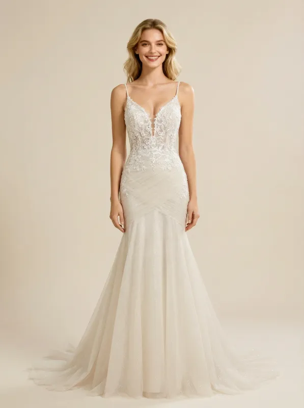 Mermaid V-neck Sleeveless Maxi Long Lace Wedding Dresses Online sold by ChicSew