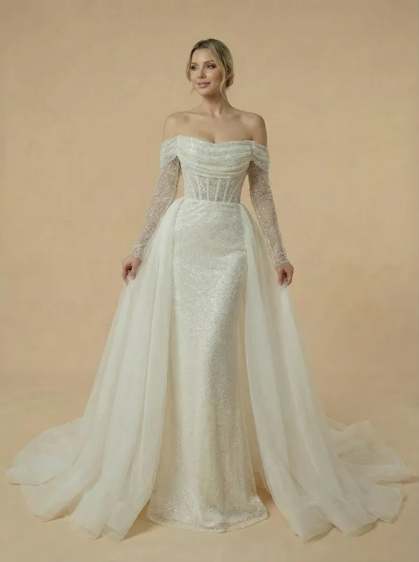 Mermaid Long Sleeves Sequin Lace Maxi Long Wedding Dresses With Detachable Skirt sold by ChicSew