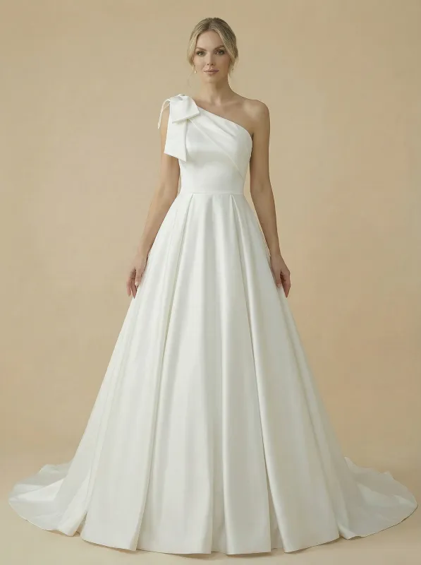 A-Line One Shoulder Bow Knot Sleeveless Maxi Long Satin Wedding Dresses Online sold by ChicSew