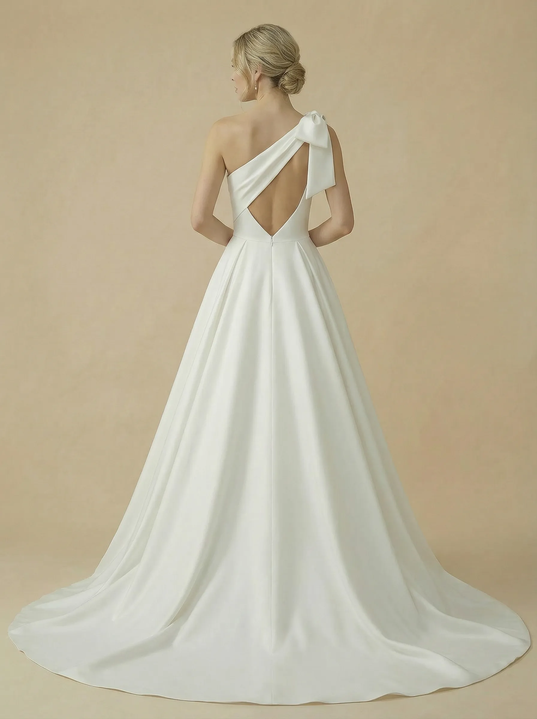 A-Line One Shoulder Bow Knot Sleeveless Maxi Long Satin Wedding Dresses Online sold by ChicSew product image thumbnail 2