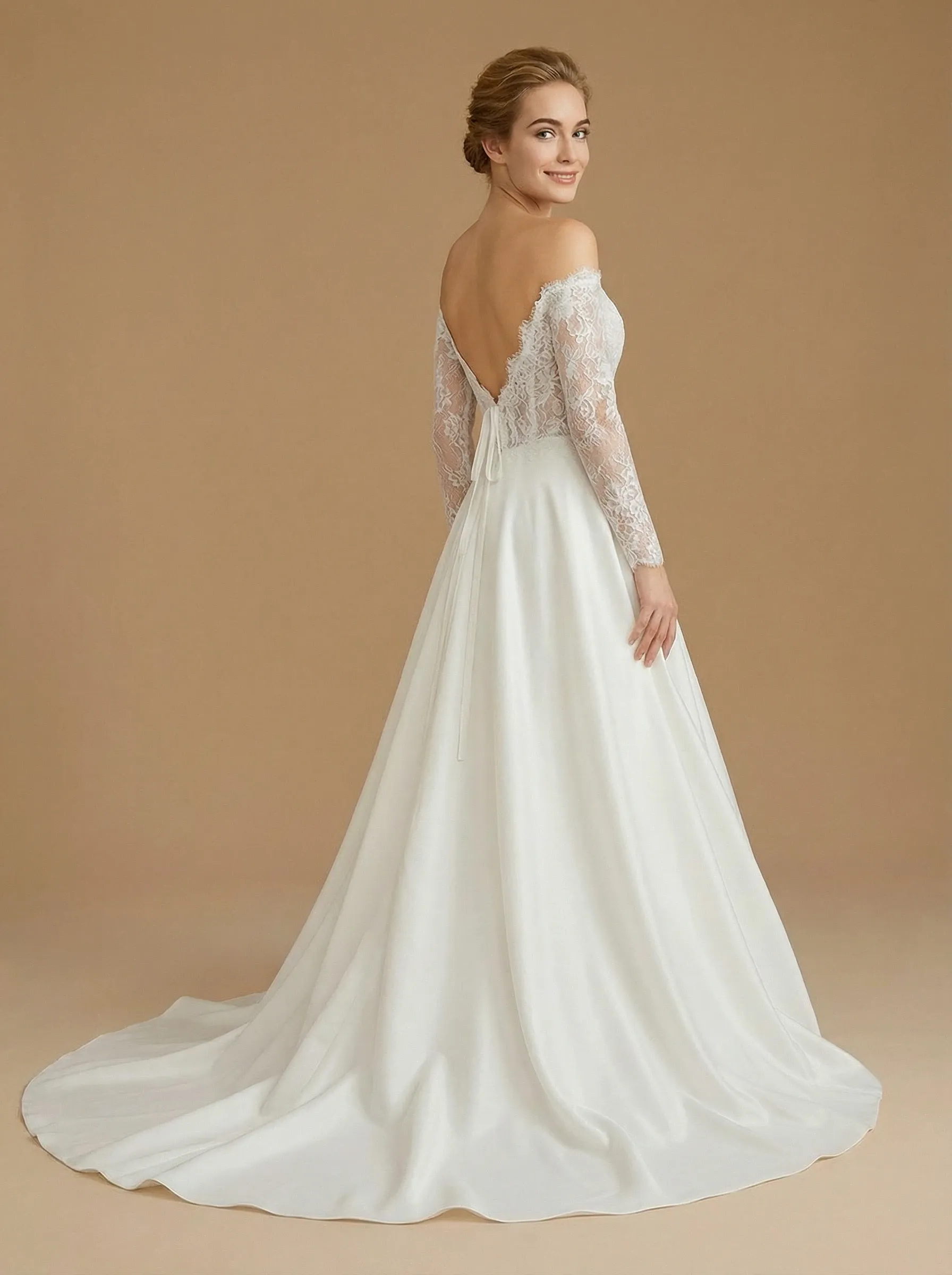 A-line Off Shoulder Long Sleeves Maxi Long Satin Wedding Dresses Online sold by ChicSew product image thumbnail 2