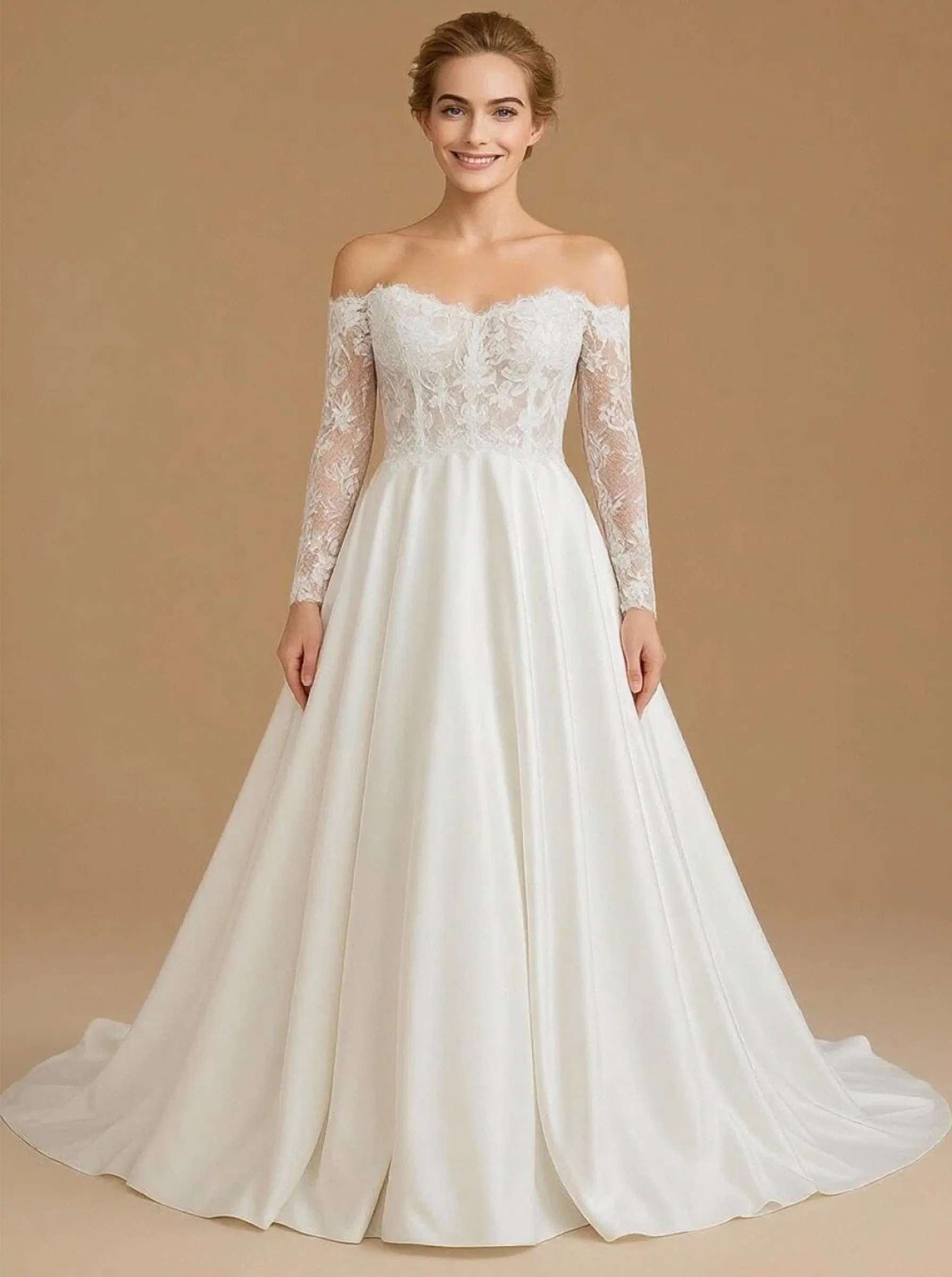 A-line Off Shoulder Long Sleeves Maxi Long Satin Wedding Dresses Online sold by ChicSew