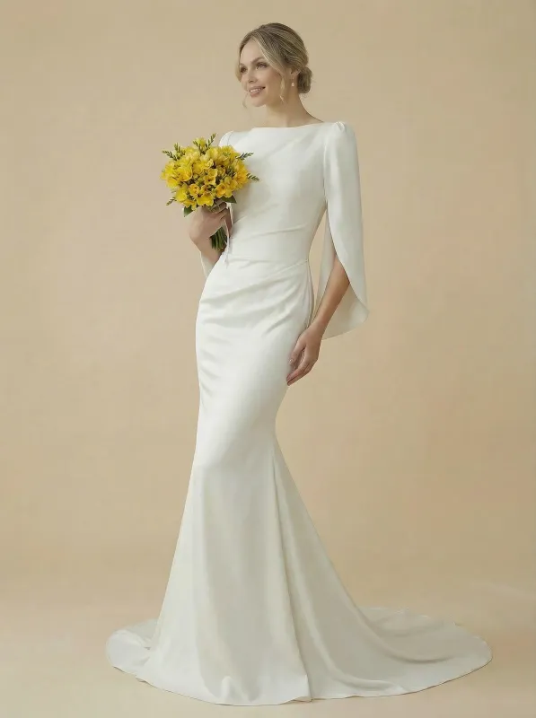 Mermaid Jewel Ruched Maxi Long Satin And Lace Wedding Dresses With Train sold by ChicSew