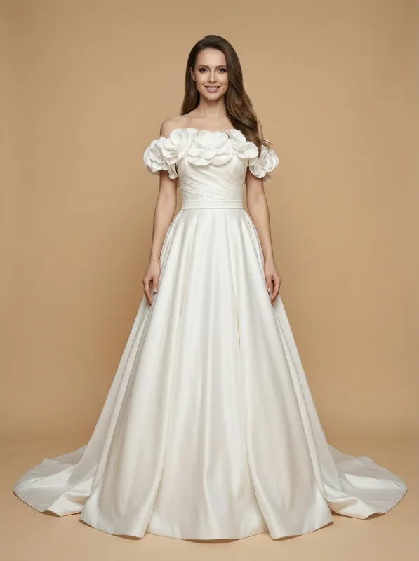 A-Line Off Shoulder Sleeveless Maxi Long Satin Wedding Dresses Online sold by ChicSew