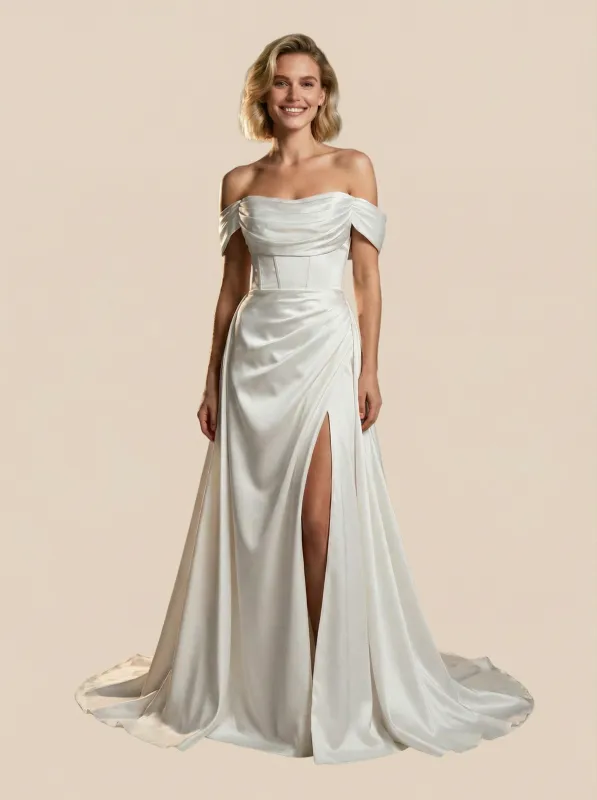 A-Line Off The Shoulder Boning Side Slit Maxi Long Satin Wedding Dresses With Detachable Skirt sold by ChicSew