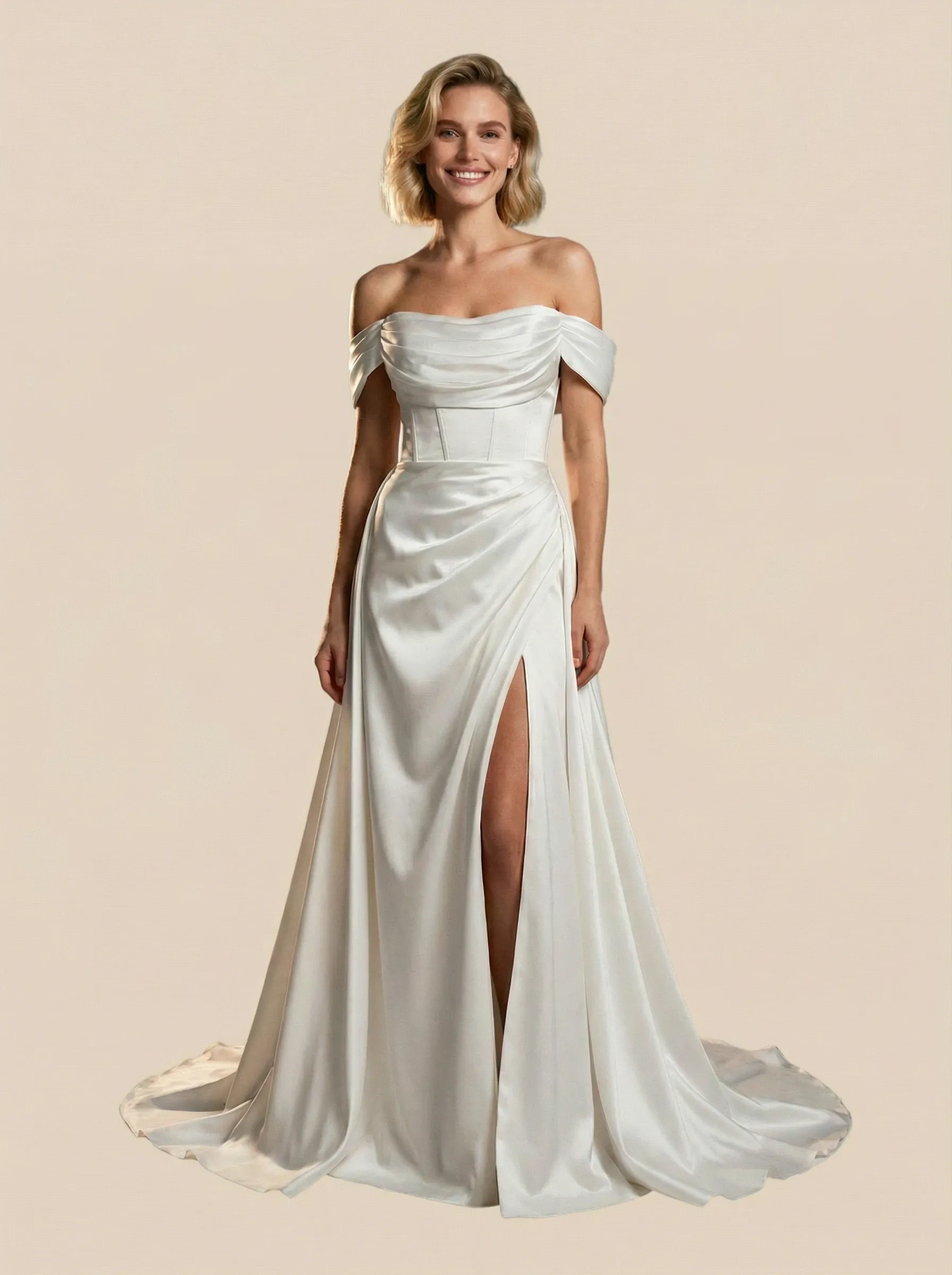 A-Line Off The Shoulder Boning Side Slit Maxi Long Satin Wedding Dresses With Detachable Skirt sold by ChicSew