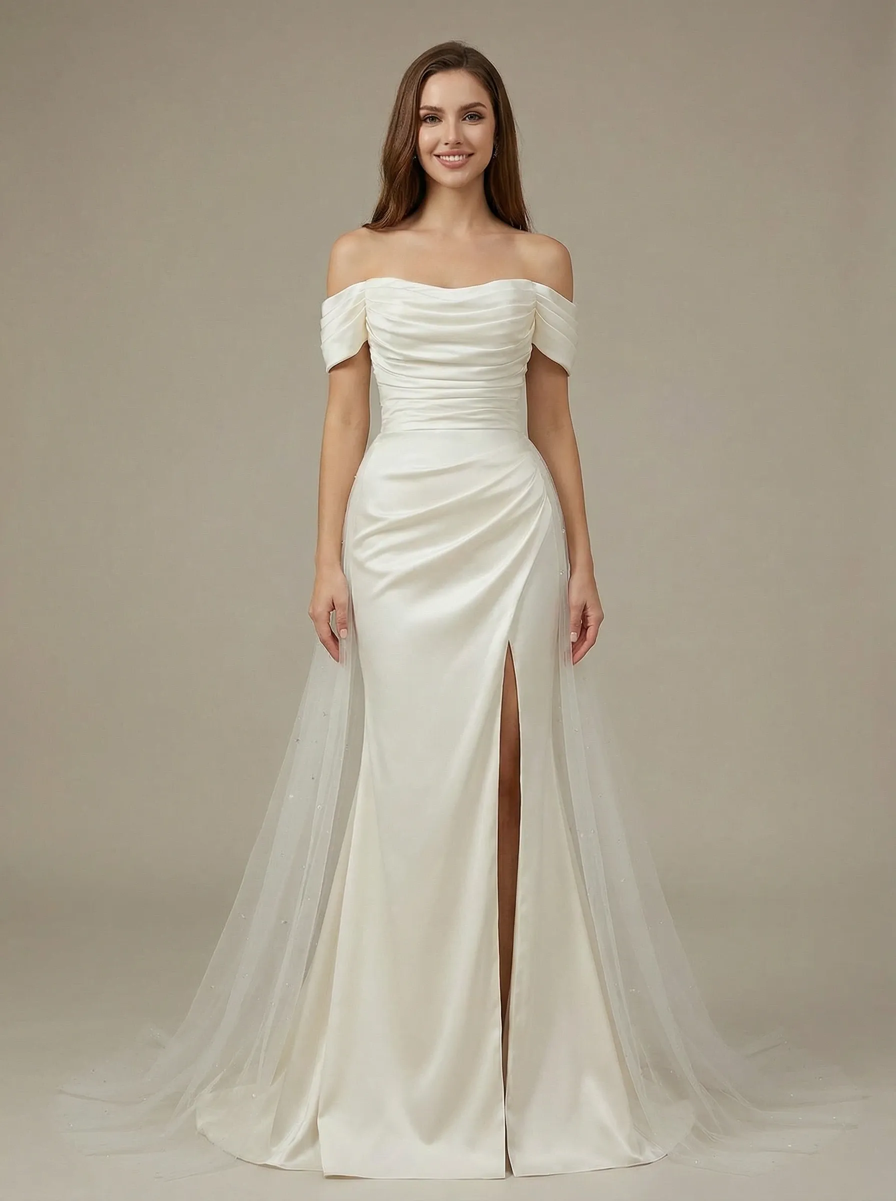 Mermaid Off The Shoulder Satin Maxi Long Wedding Dresses sold by ChicSew