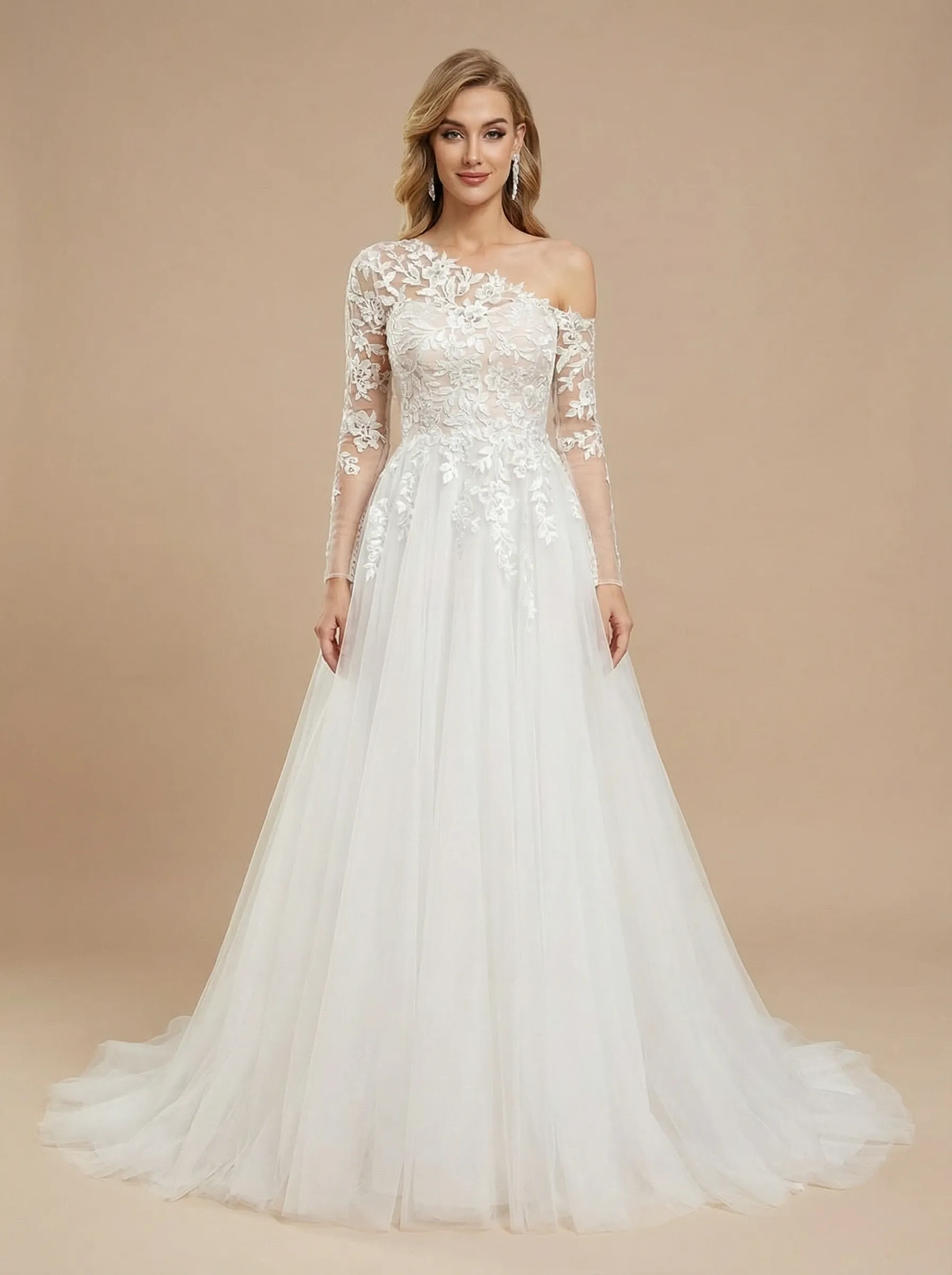 A-Line Asymmetric Long Sleeves Lace And Tulle Maxi Long Wedding Dresses sold by ChicSew