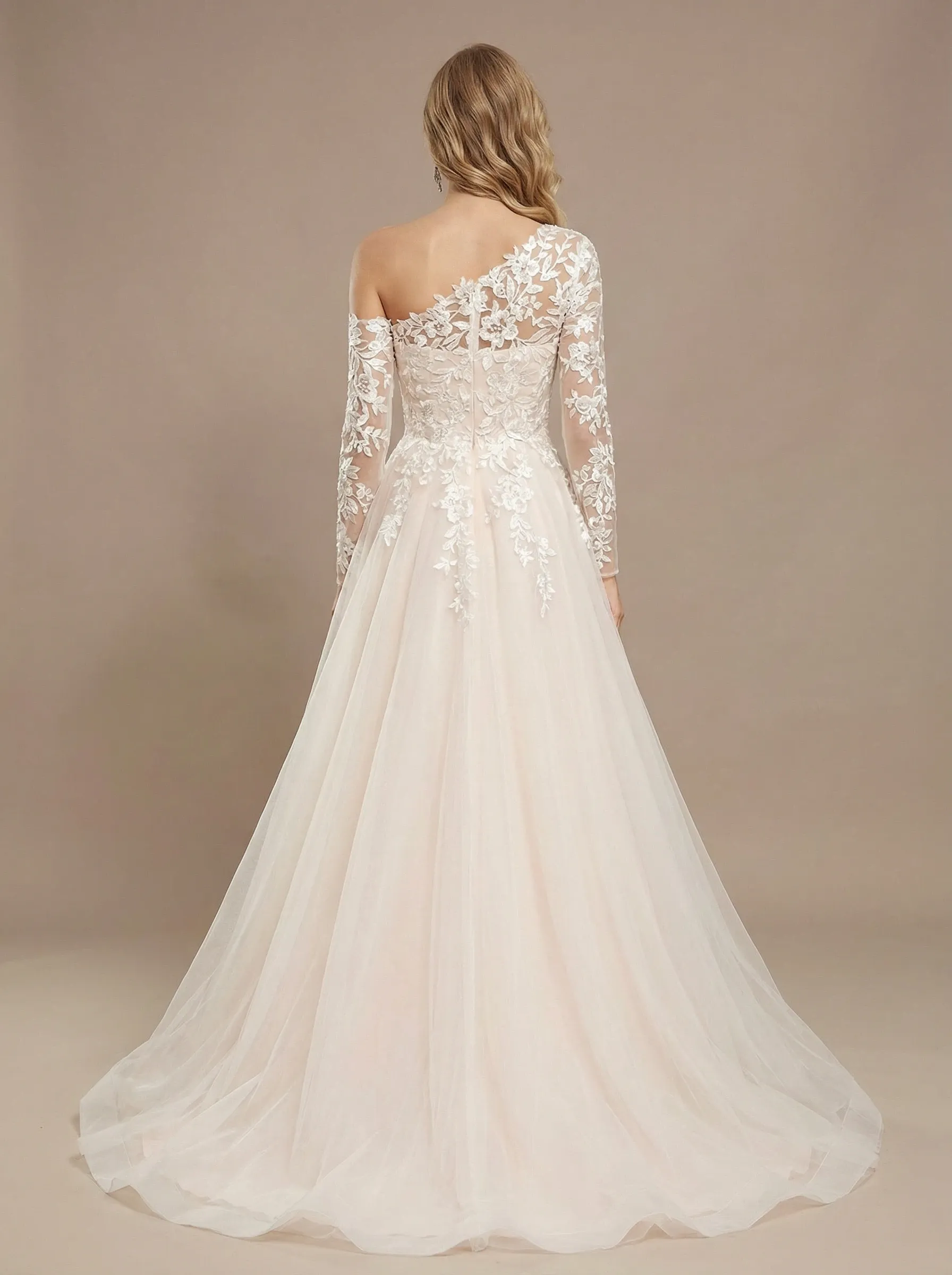 A-Line Asymmetric Long Sleeves Lace And Tulle Maxi Long Wedding Dresses sold by ChicSew product image thumbnail 2